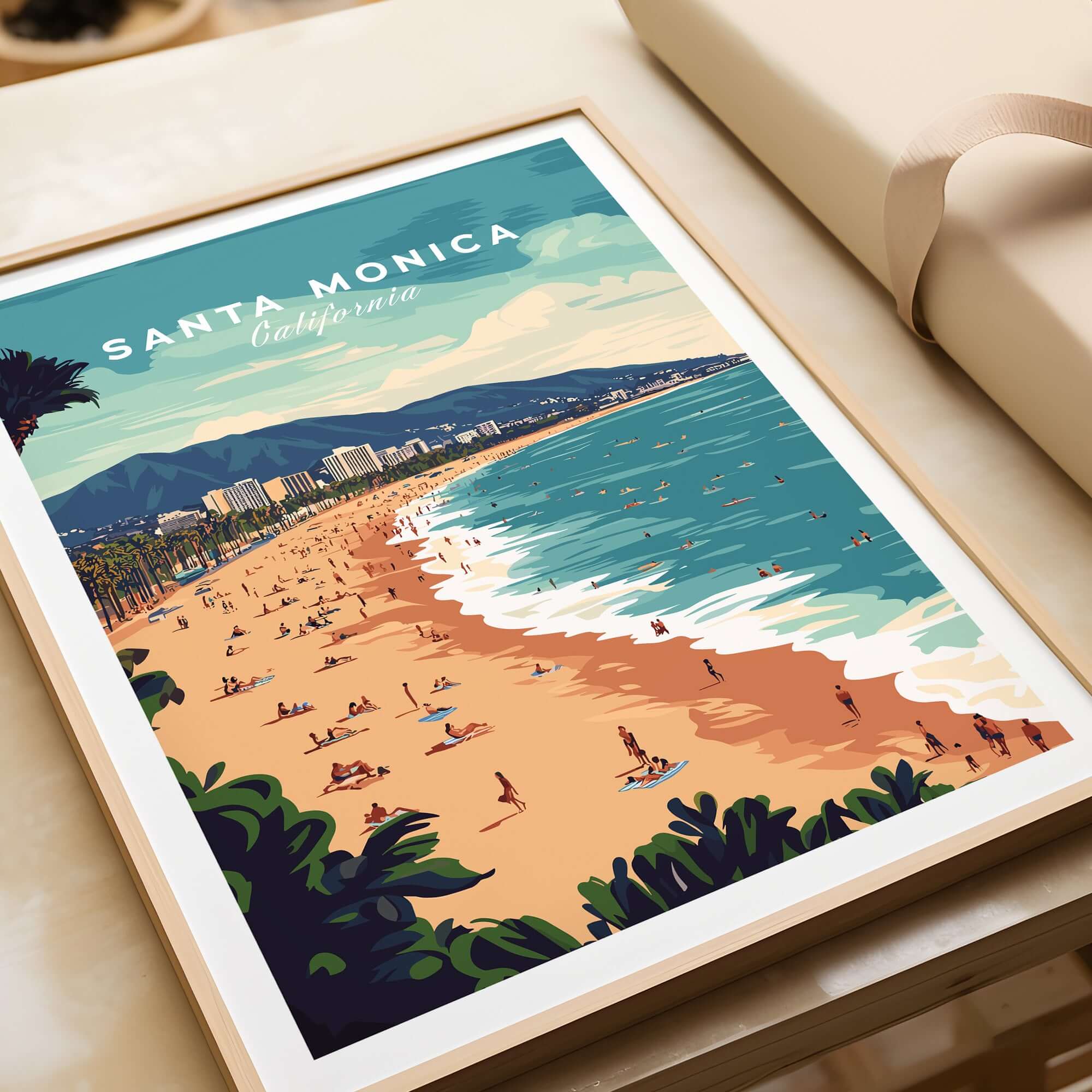 Santa Monica Wall Art Print – Sun, Sea, and Serenity, featuring a vibrant beach scene.