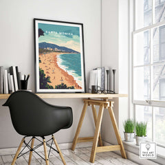Santa Monica Wall Art Print – Sun, Sea, and Serenity displayed in a stylish room with a desk and decor.