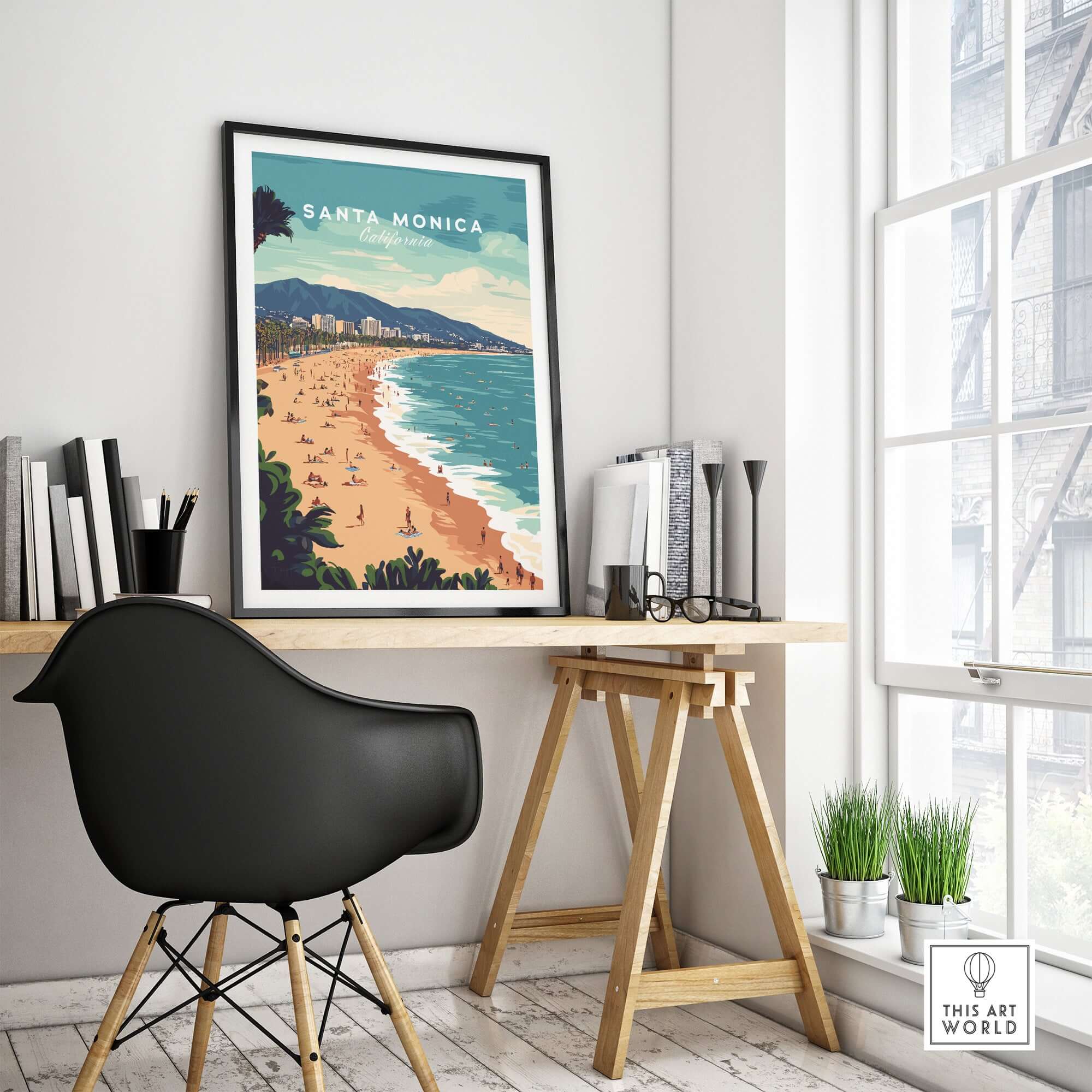 Santa Monica Wall Art Print – Sun, Sea, and Serenity displayed in a stylish room with a desk and decor.