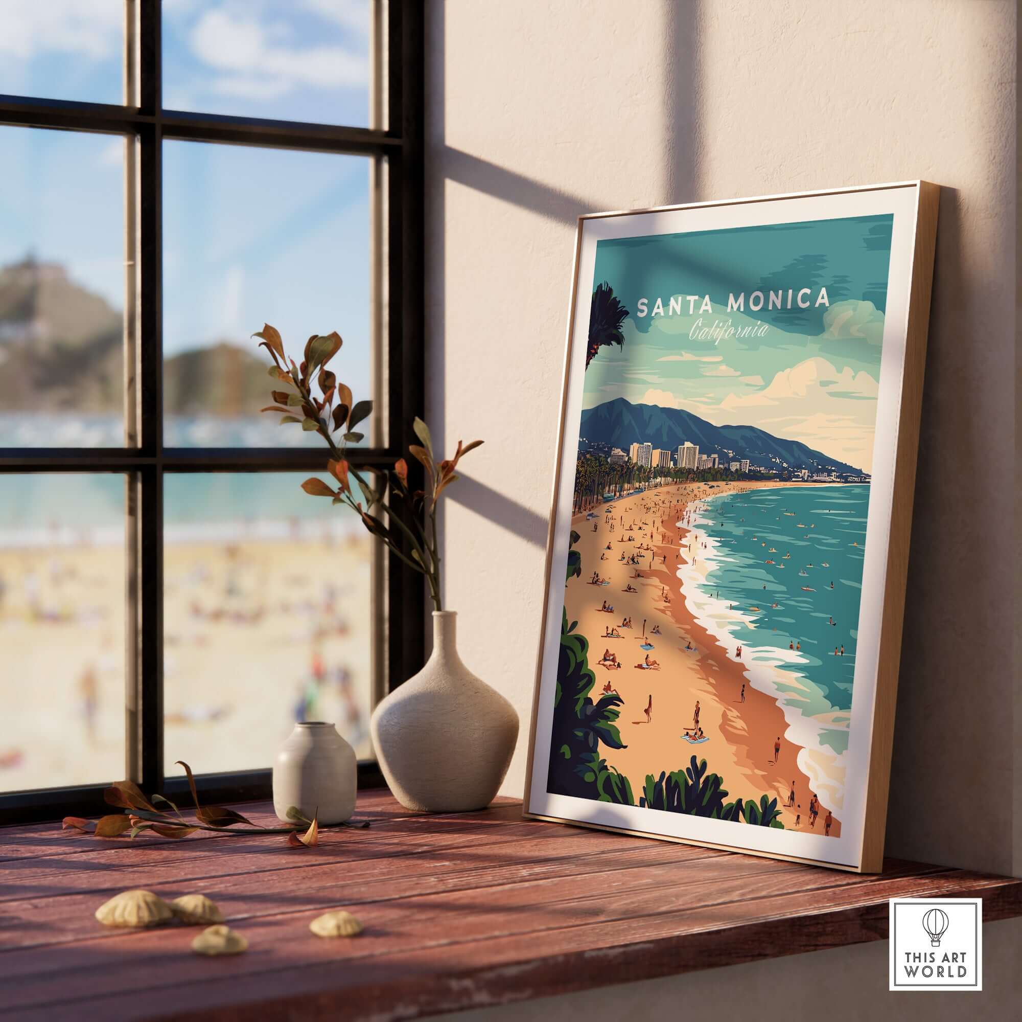 Santa Monica Wall Art Print – Sun, Sea, and Serenity displayed in a sunlit interior, showcasing California's coastal beauty.