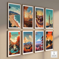 Santa Monica Wall Art Print – Sun, Sea, and Serenity among global city prints on a gallery wall.