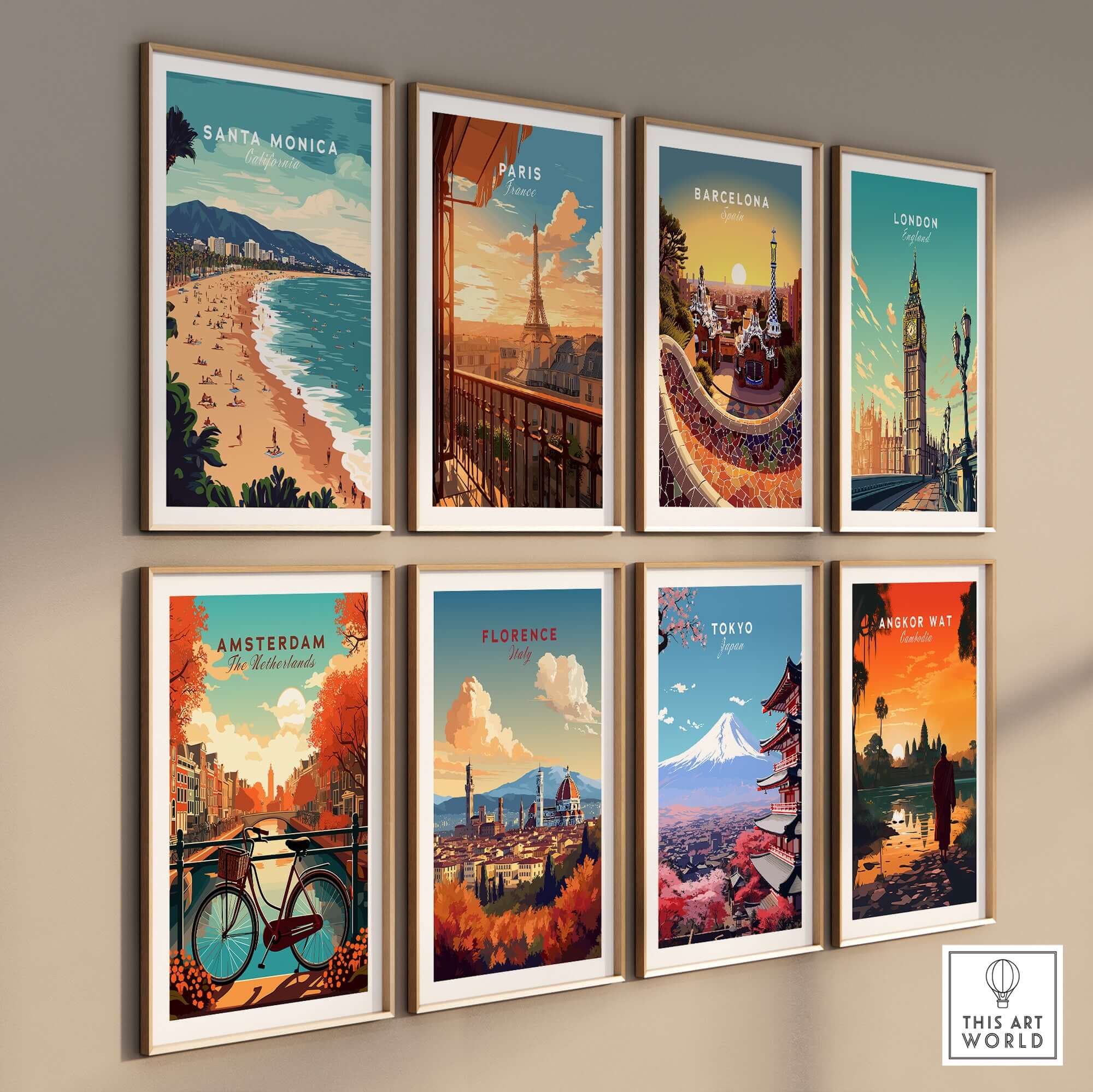 Santa Monica Wall Art Print – Sun, Sea, and Serenity among global city prints on a gallery wall.
