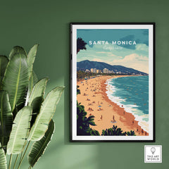 Santa Monica Wall Art Print – Sun, Sea, and Serenity displayed on a wall with tropical plants.