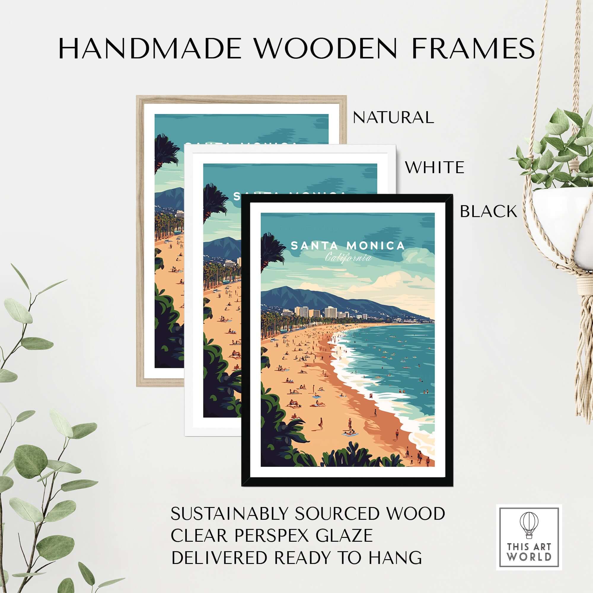Handmade wooden frames in natural, white, and black for Santa Monica Wall Art Print – Sun, Sea, and Serenity.