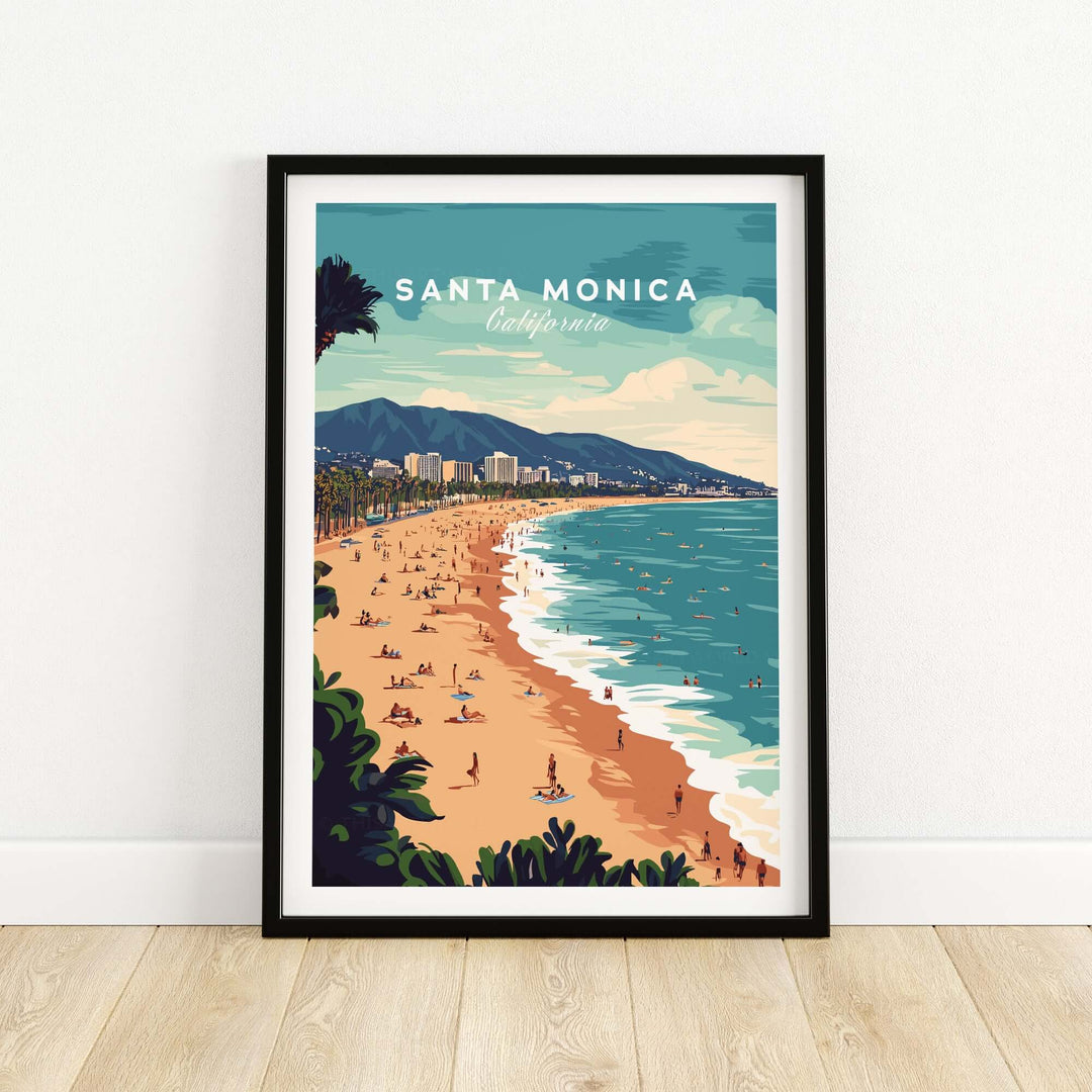 Santa Monica wall art print showcasing beach, ocean, and serene California landscape.