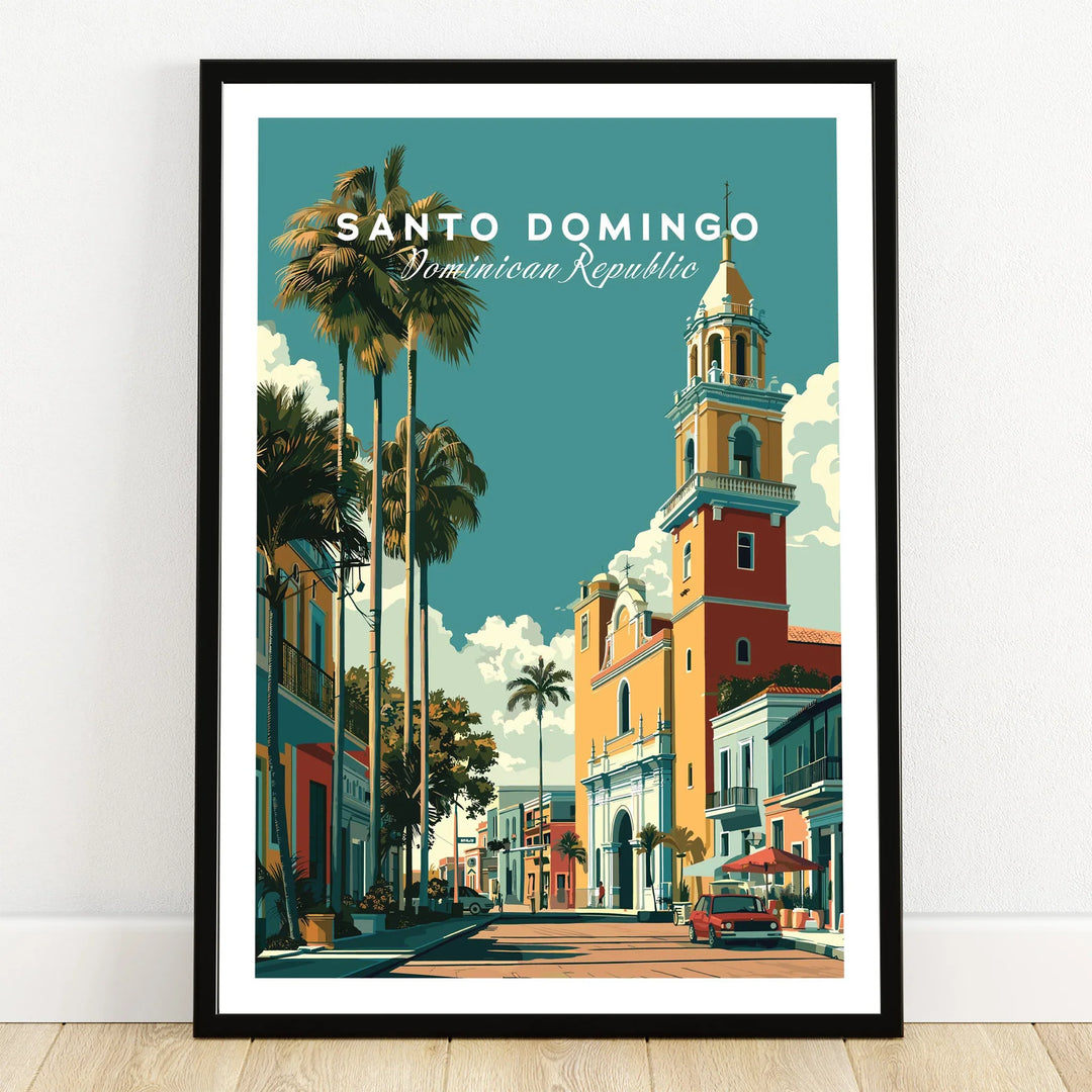 Santo Domingo travel poster with palm trees and colorful colonial buildings, Dominican Republic wall art
