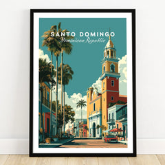 Santo Domingo travel poster with palm trees and colorful colonial buildings, Dominican Republic wall art