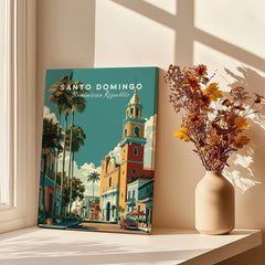 Santo Domingo travel poster with colorful buildings, palm trees, and a church tower, perfect for wall art decor.