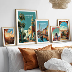Framed travel posters of Paris, Santo Domingo, Copenhagen, Tokyo, Barcelona for home wall art decor