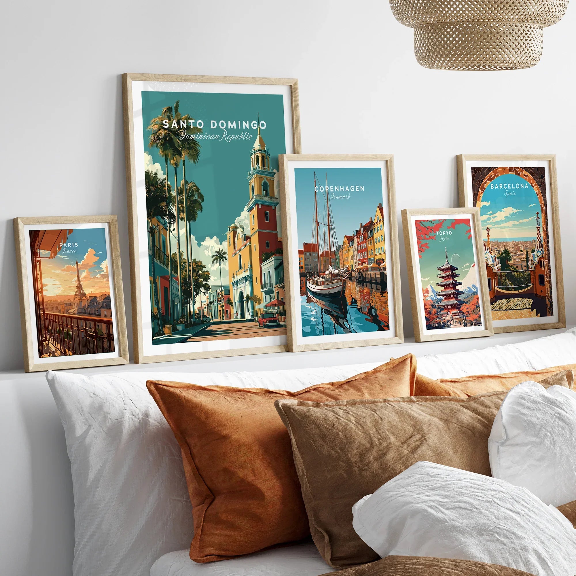 Framed travel posters of Paris, Santo Domingo, Copenhagen, Tokyo, Barcelona for home wall art decor