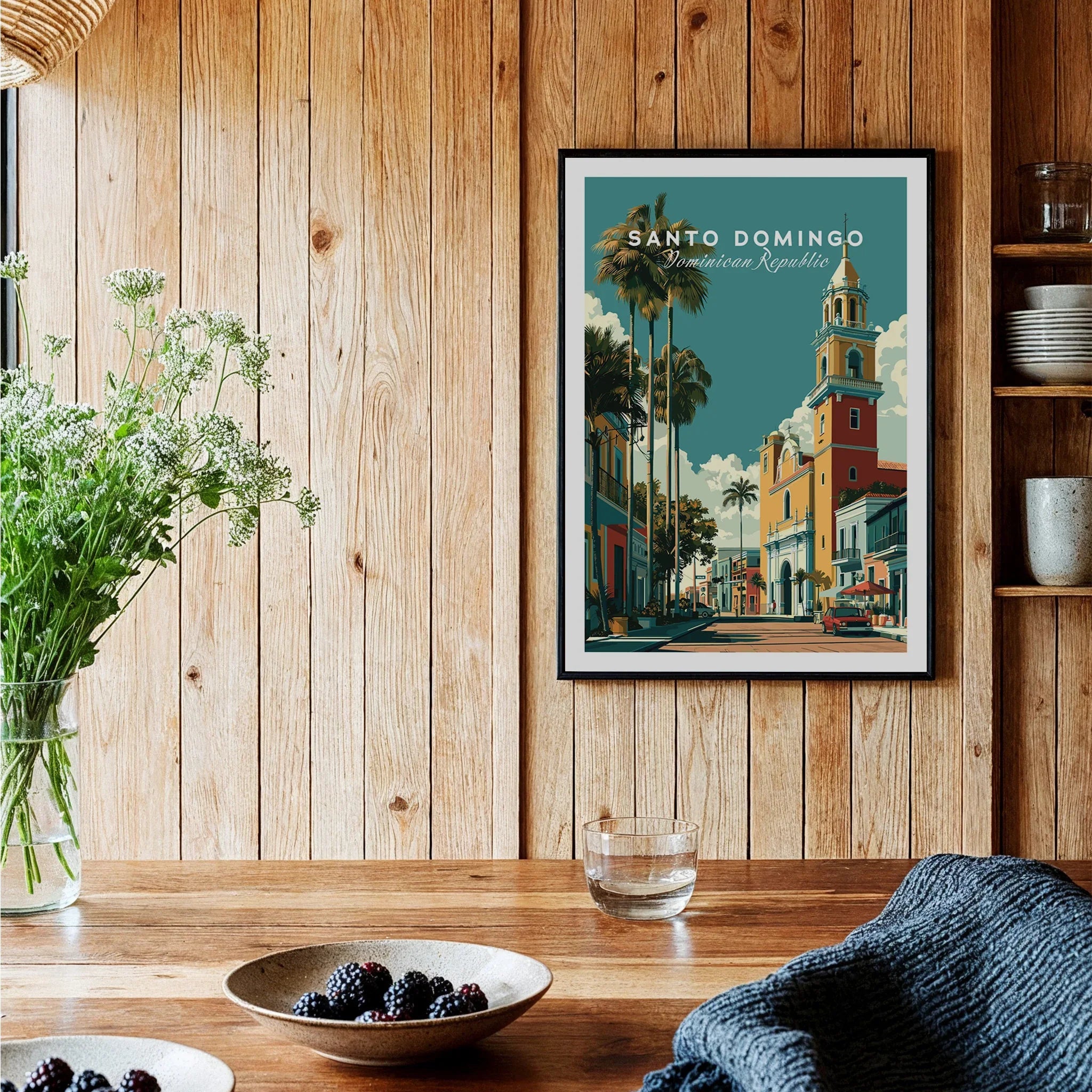 Santo Domingo travel poster with palm trees and colorful buildings, perfect for city skyline wall art decor.