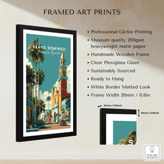 Santo Domingo travel poster art print with palm trees, historic buildings, and a church tower in a black frame.