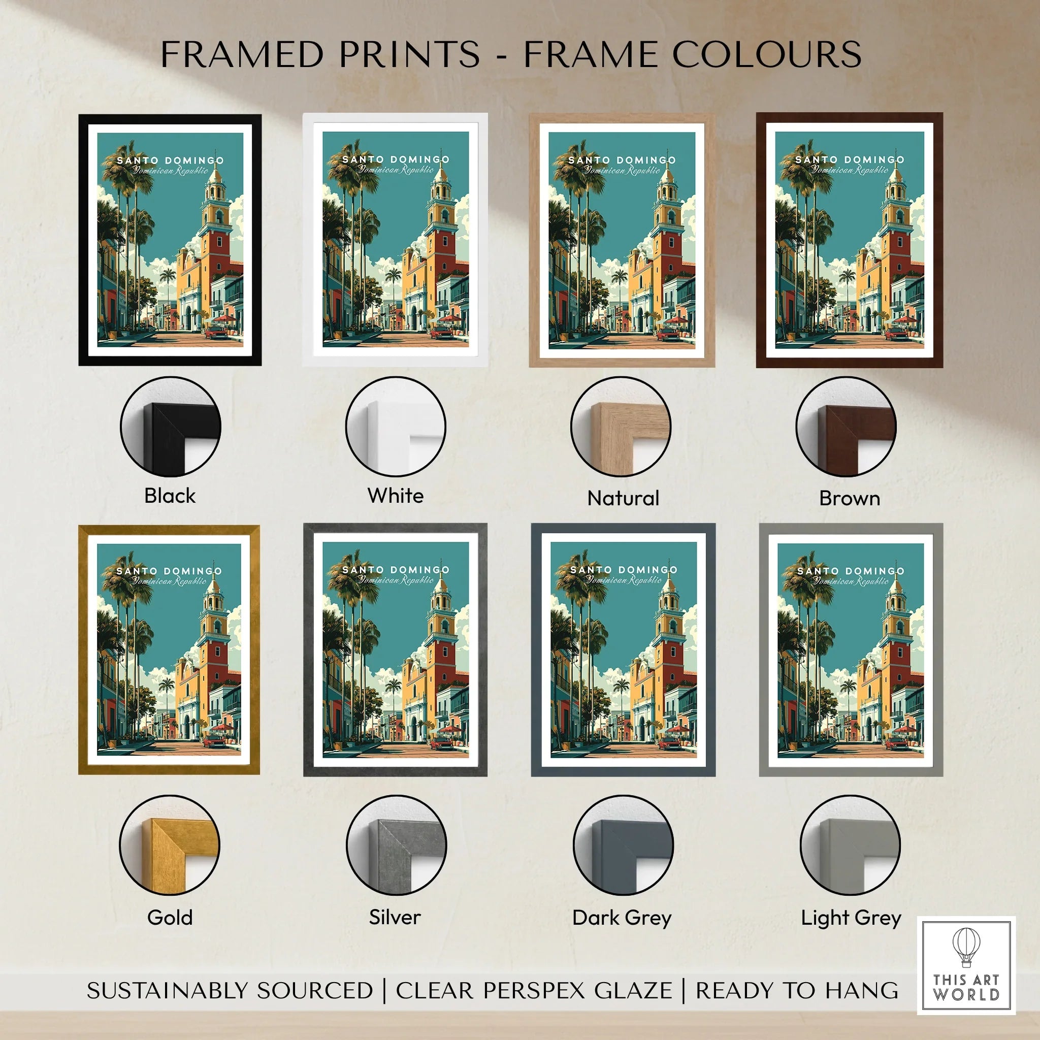 Santo Domingo travel poster in 8 frame colors: black, white, natural, brown, gold, silver, dark grey, light grey