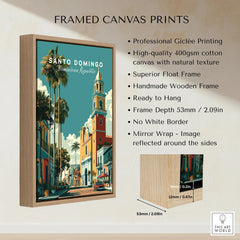 Santo Domingo travel poster print in wooden frame, vibrant cityscape with palm trees and historic architecture