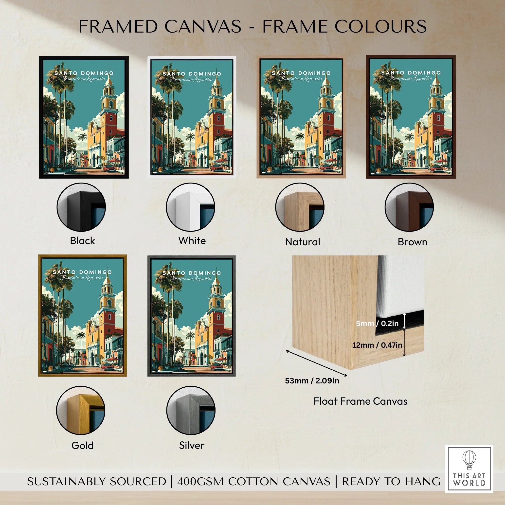 Santo Domingo travel poster in black, white, natural, brown, gold, and silver float frames for wall art