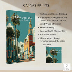 Santo Domingo travel poster canvas print with palm trees and historic architecture, ready to hang wall art