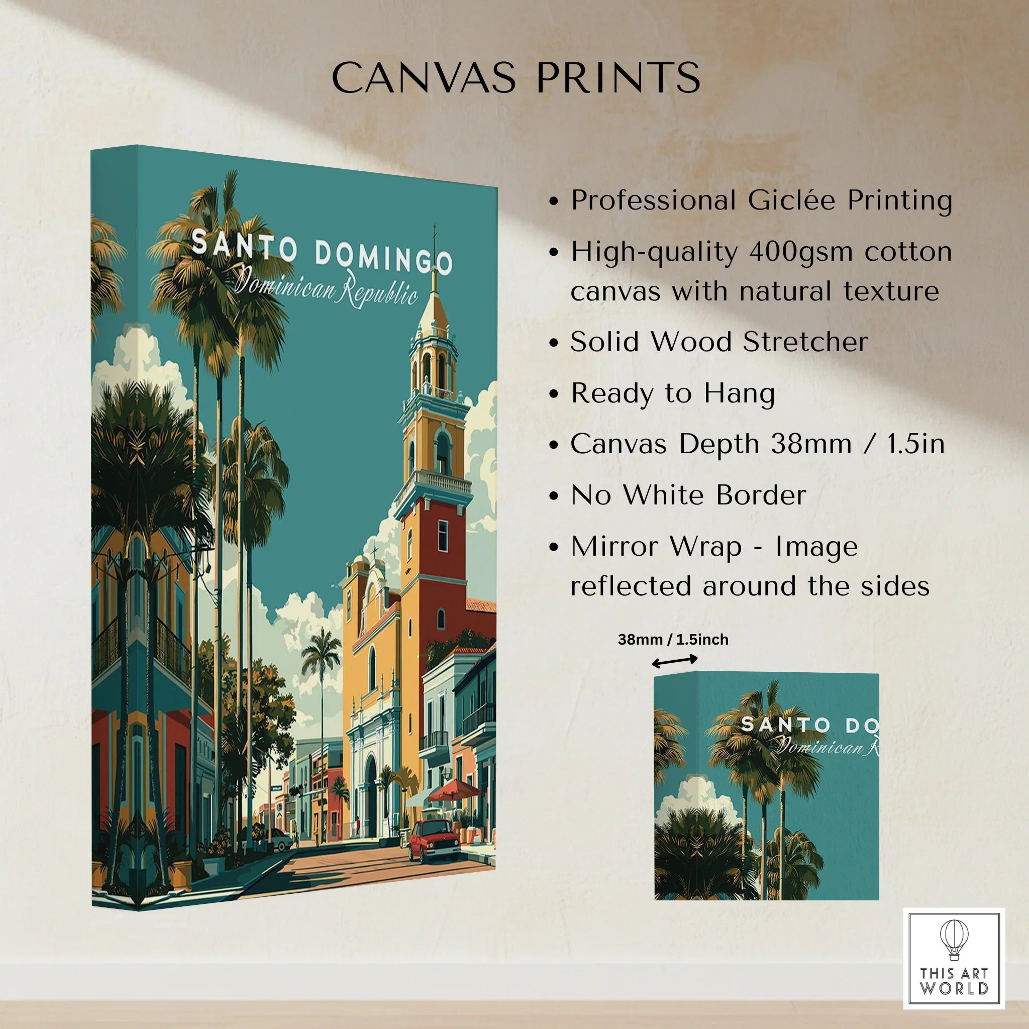 Santo Domingo travel poster canvas print with palm trees and historic architecture, ready to hang wall art