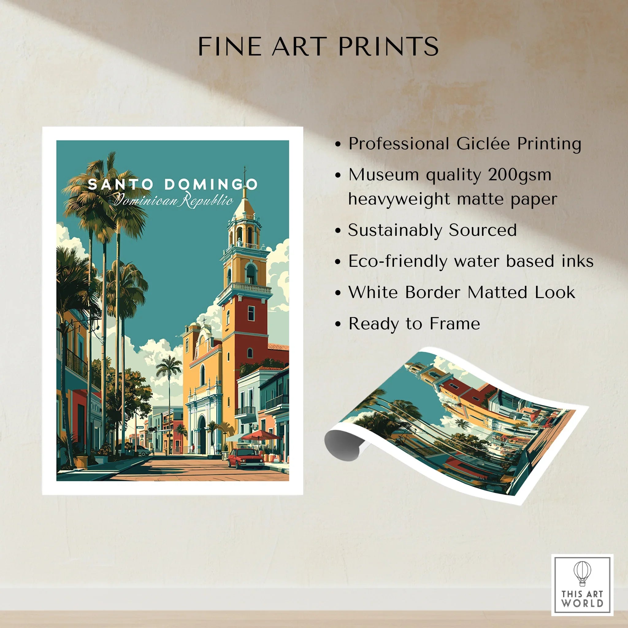 Santo Domingo travel poster print with palm trees and historic architecture, ready to frame wall art