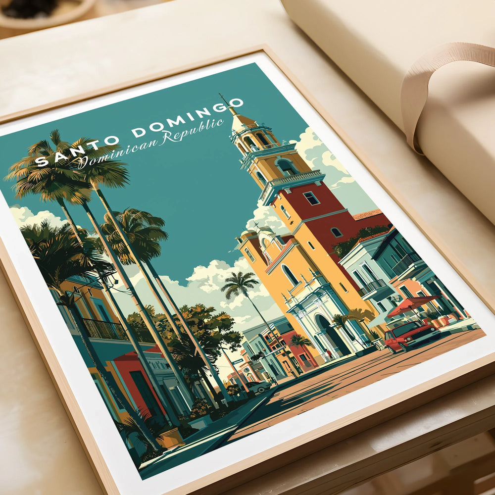Santo Domingo travel poster with colorful colonial buildings, palm trees, and a church tower, perfect for wall art.