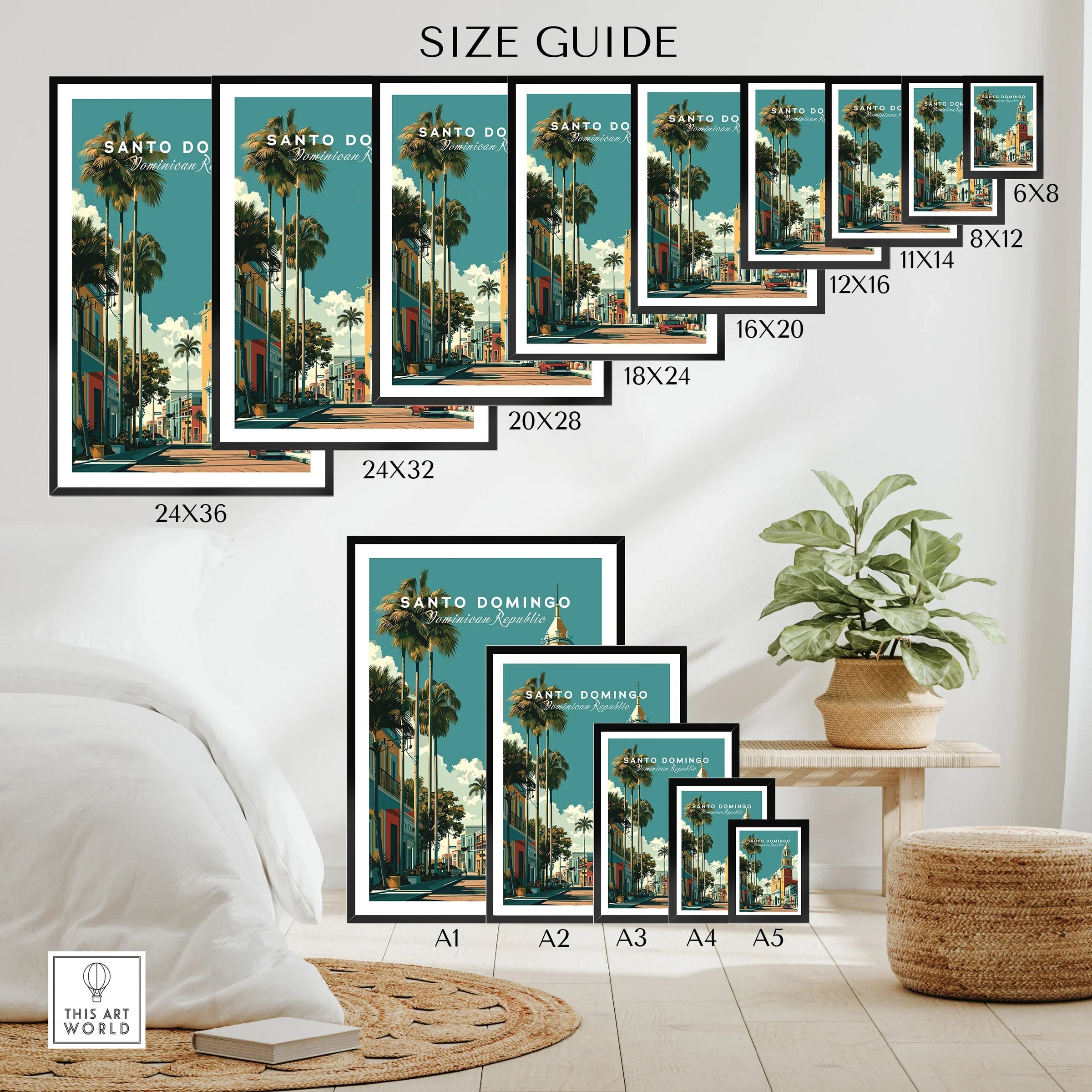 Santo Domingo travel poster size guide with palm trees, colorful buildings, and wall art options for home decor