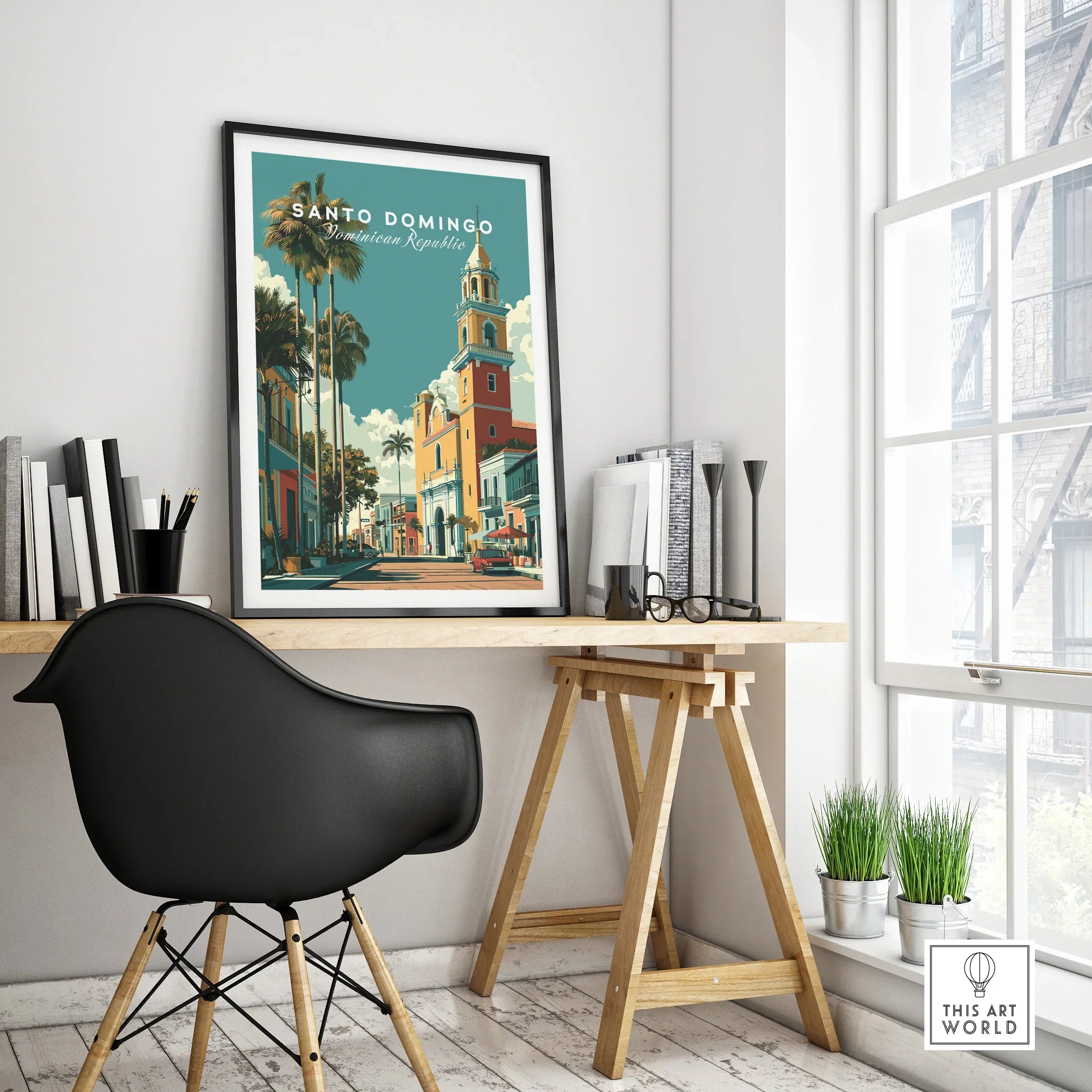 Santo Domingo travel poster with palm trees and colorful buildings, perfect for home wall art decor