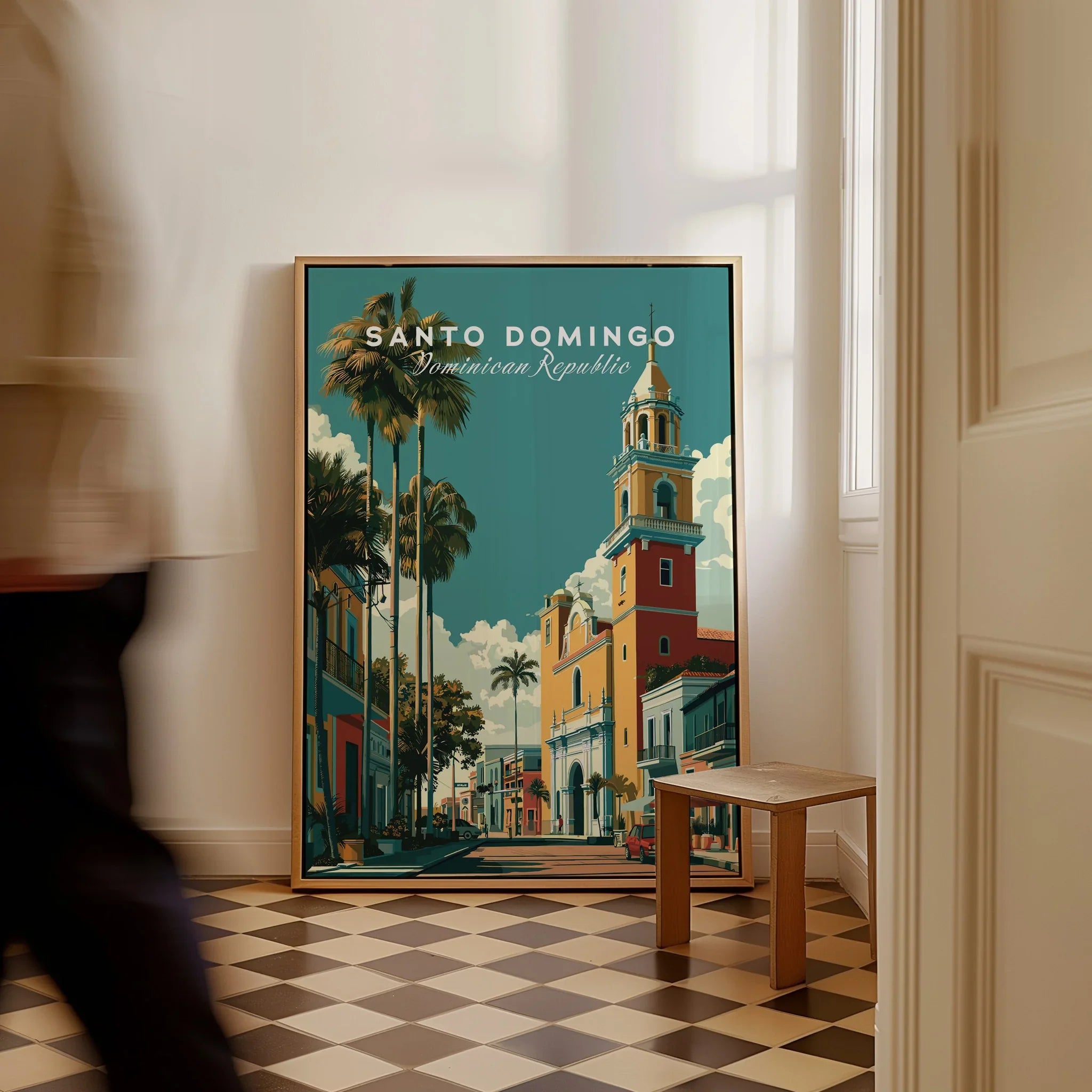 Santo Domingo travel poster with palm trees and historic tower, Dominican Republic wall art for home decor