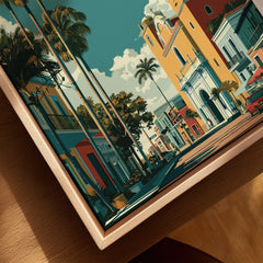 Vibrant city street art print with palm trees, colorful buildings, and vintage cars for home decor wall art.