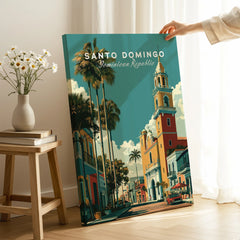 Santo Domingo travel poster with palm trees and historic architecture, perfect for home wall art decor