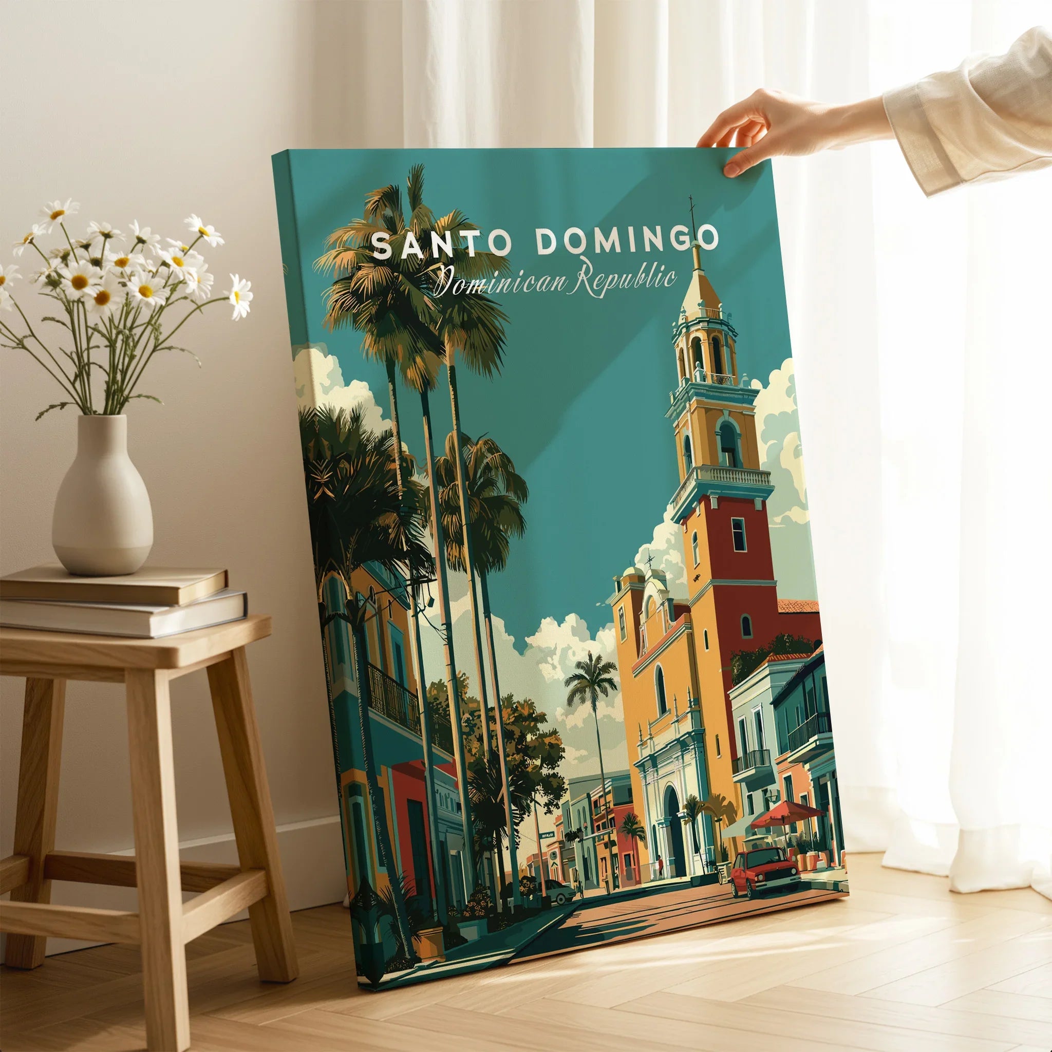 Santo Domingo travel poster with palm trees and historic architecture, perfect for home wall art decor