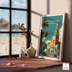 Santo Domingo travel poster with palm trees and colorful buildings, perfect for home wall art decor.