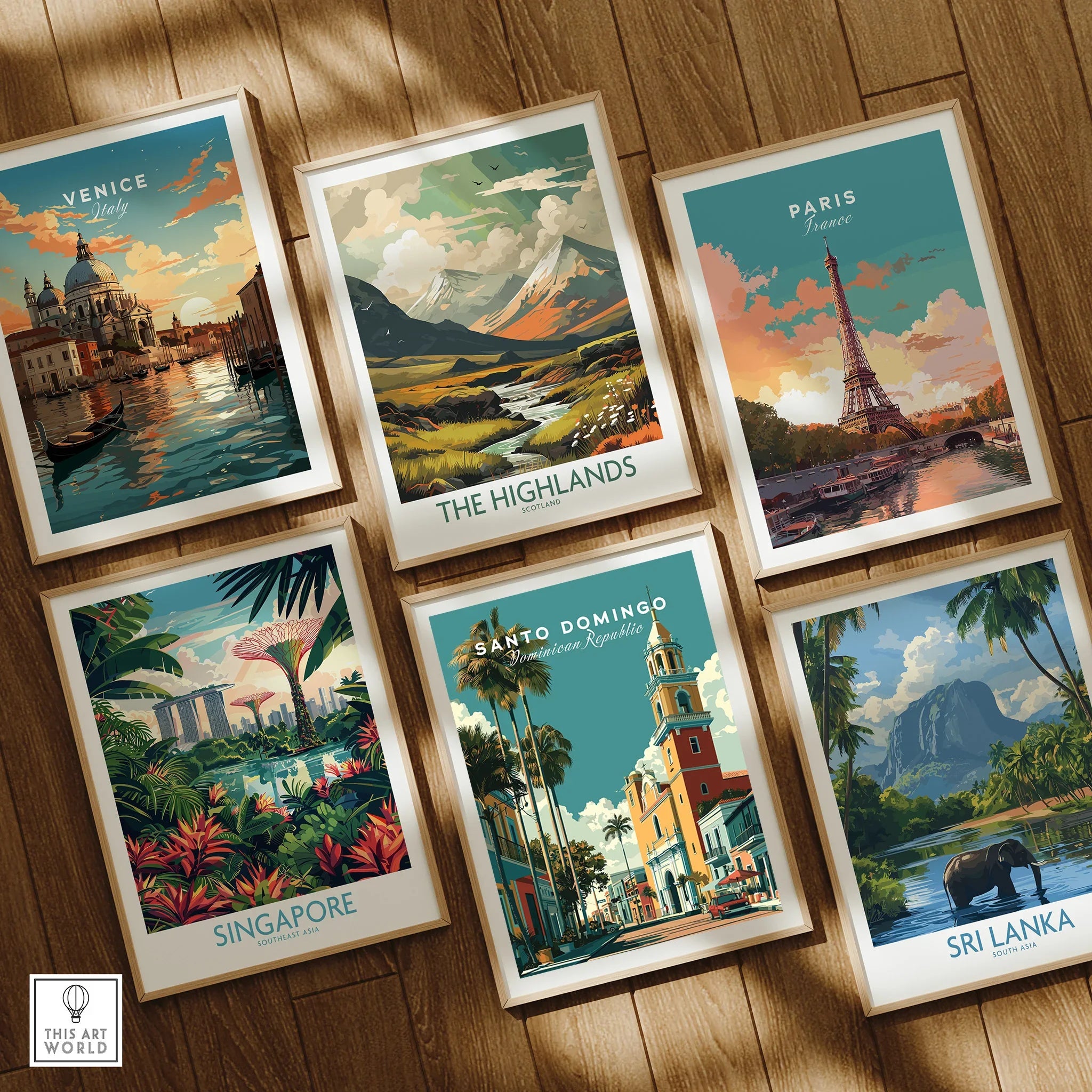 Framed travel posters of Venice, Paris, Scotland Highlands, Singapore, Santo Domingo, Sri Lanka wall art