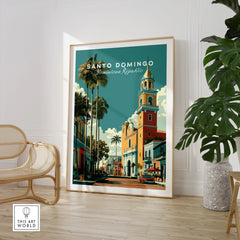 Santo Domingo travel poster with colorful colonial buildings, palm trees, and a church tower, perfect for wall art.