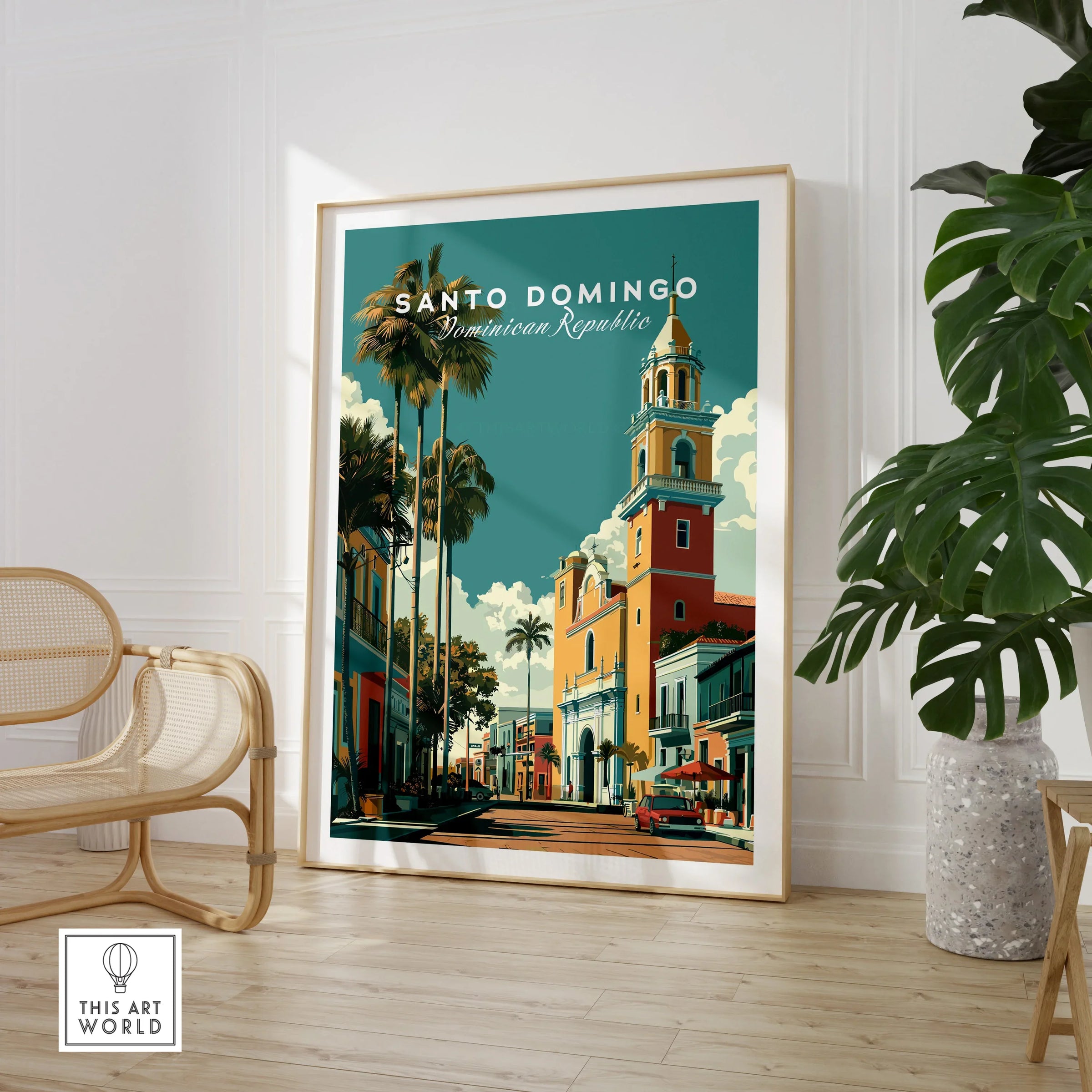 Santo Domingo travel poster with colorful colonial buildings, palm trees, and a church tower, perfect for wall art.