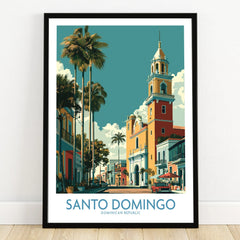 Santo Domingo travel poster with colorful colonial buildings, palm trees, and church tower, Dominican Republic wall art