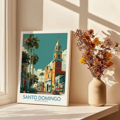 Santo Domingo travel poster with colorful colonial buildings, palm trees, and a church tower, perfect for wall art decor.