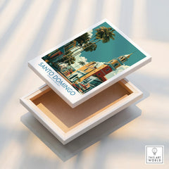 Santo Domingo travel poster print with palm trees and historic buildings, ideal wall art for home decor.