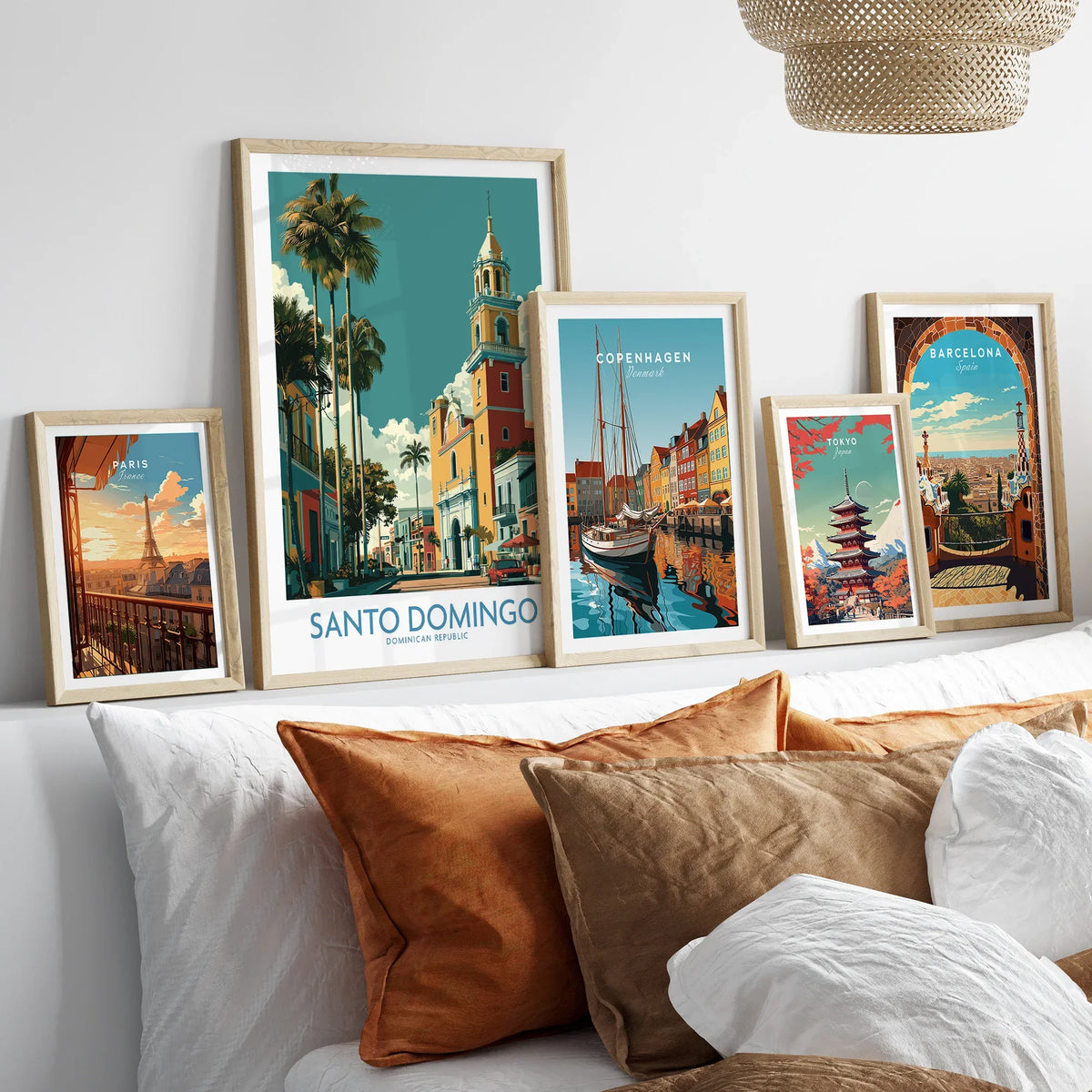 Framed travel posters of Paris, Santo Domingo, Copenhagen, Tokyo, and Barcelona for home wall art decor