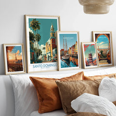 Framed travel posters of Paris, Santo Domingo, Copenhagen, Tokyo, and Barcelona for home wall art decor