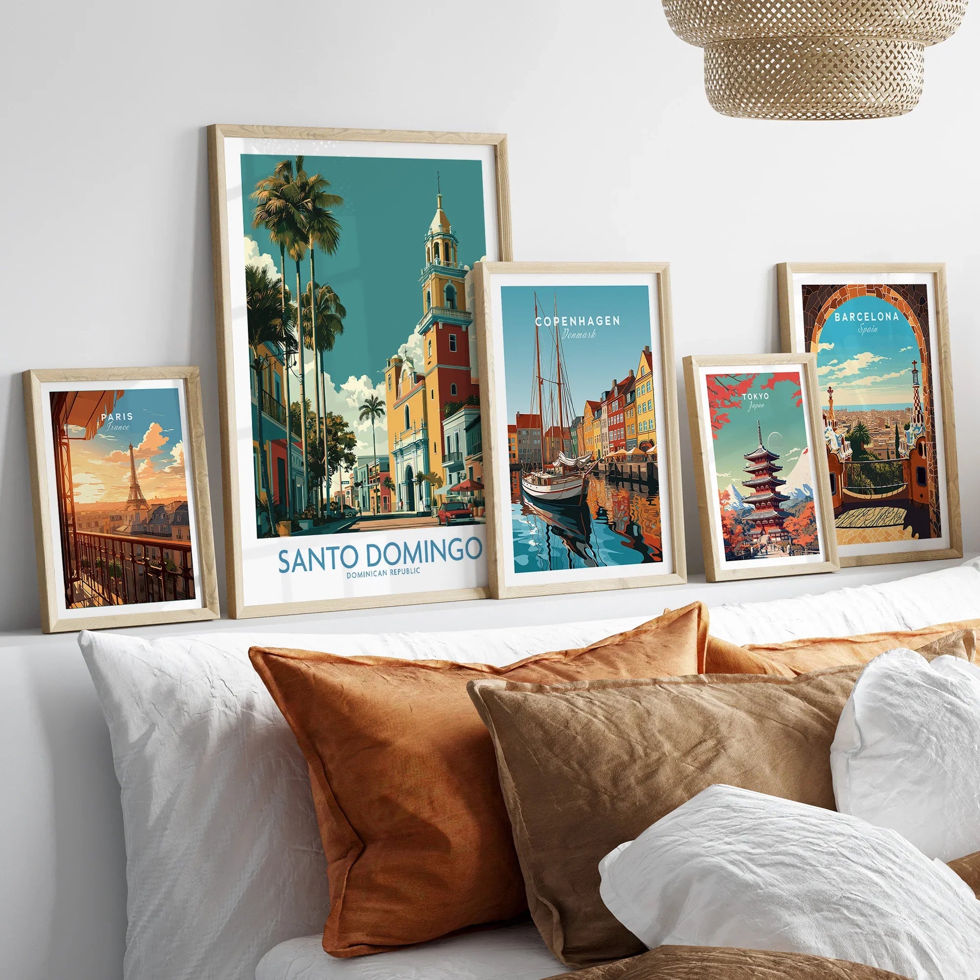Framed travel posters of Paris, Santo Domingo, Copenhagen, Tokyo, and Barcelona for home wall art decor