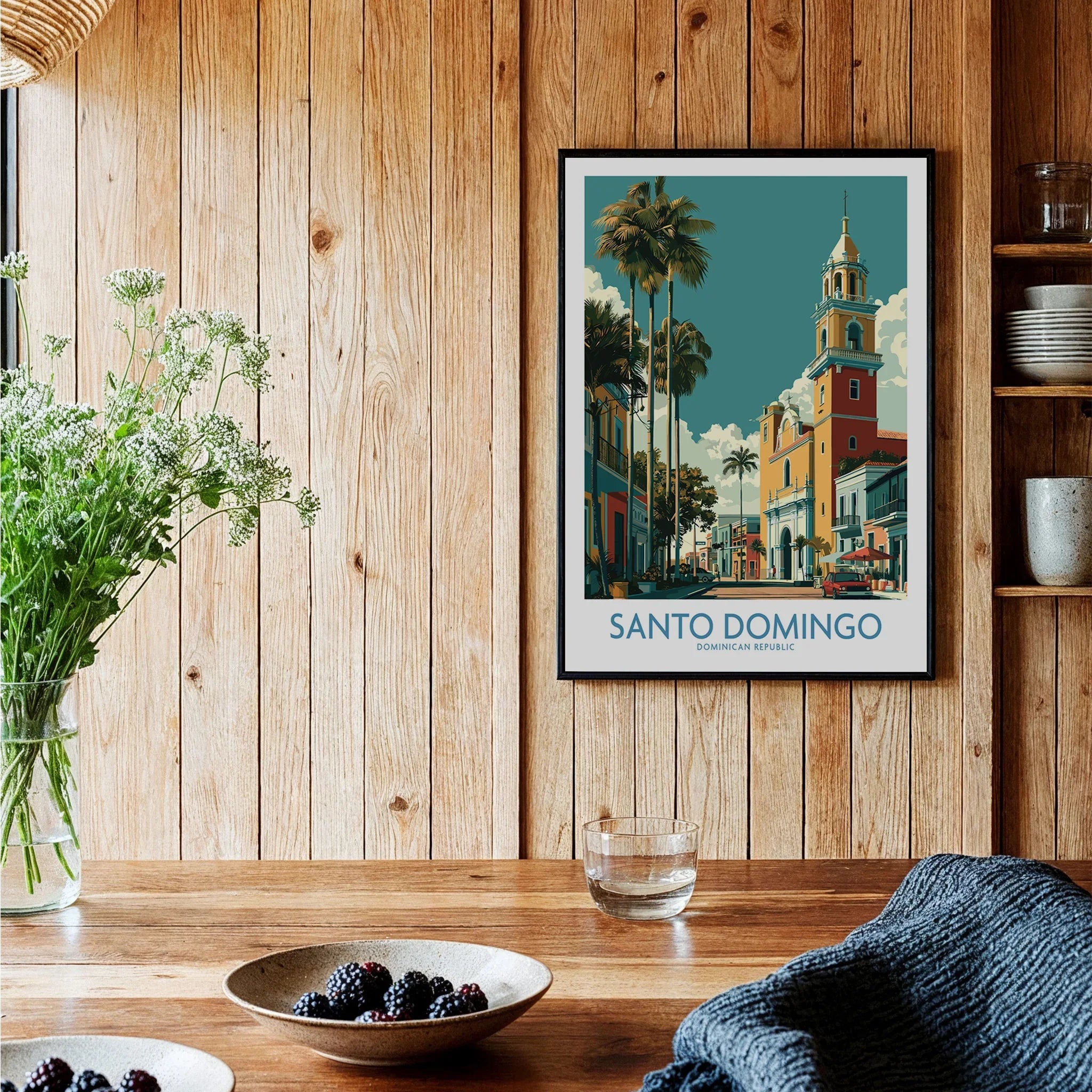 Santo Domingo travel poster with colorful colonial buildings, palm trees, and church tower, perfect for wall art decor.