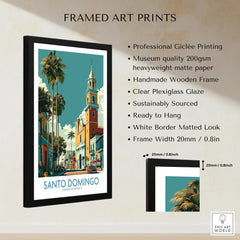 Framed Santo Domingo travel poster art print with palm trees and historic church, perfect for wall decor