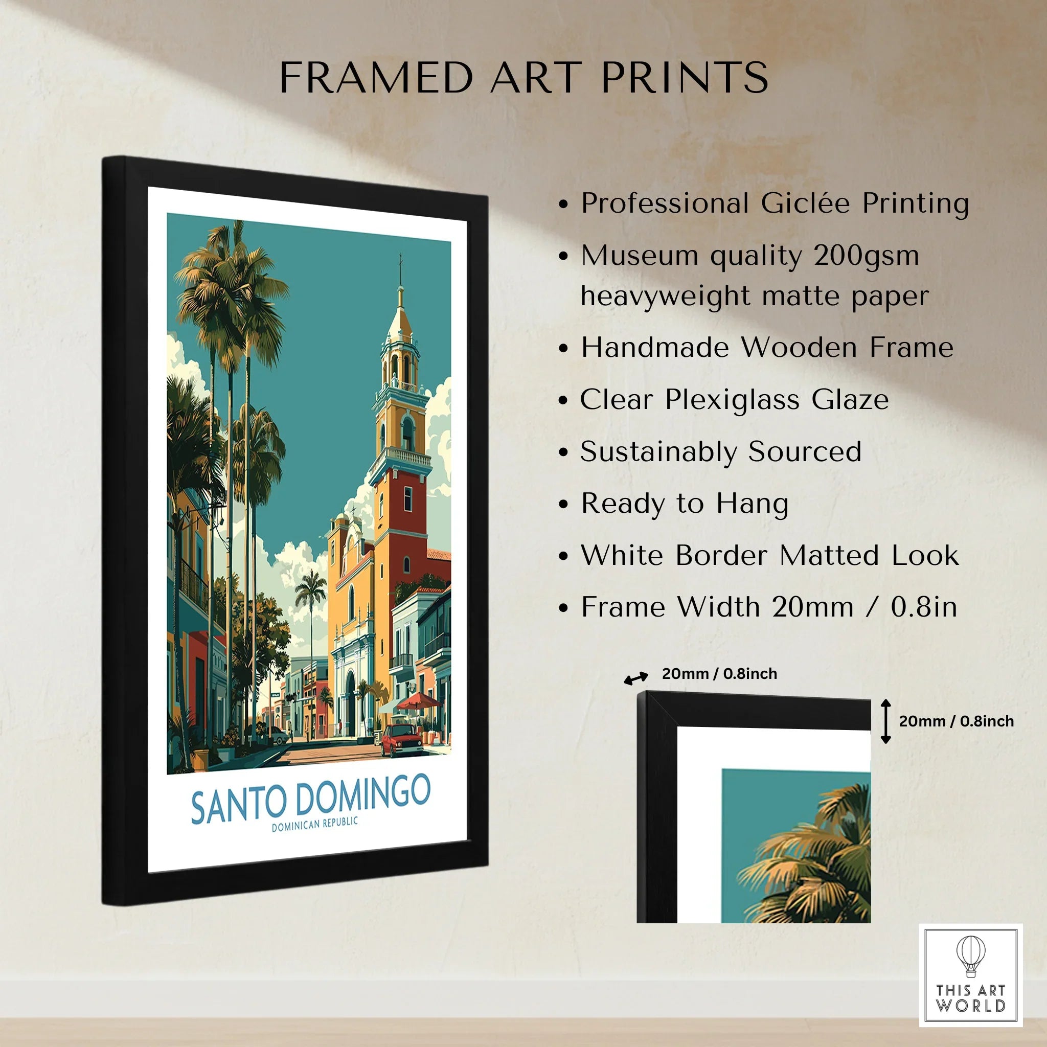 Framed Santo Domingo travel poster art print with palm trees and historic church, perfect for wall decor
