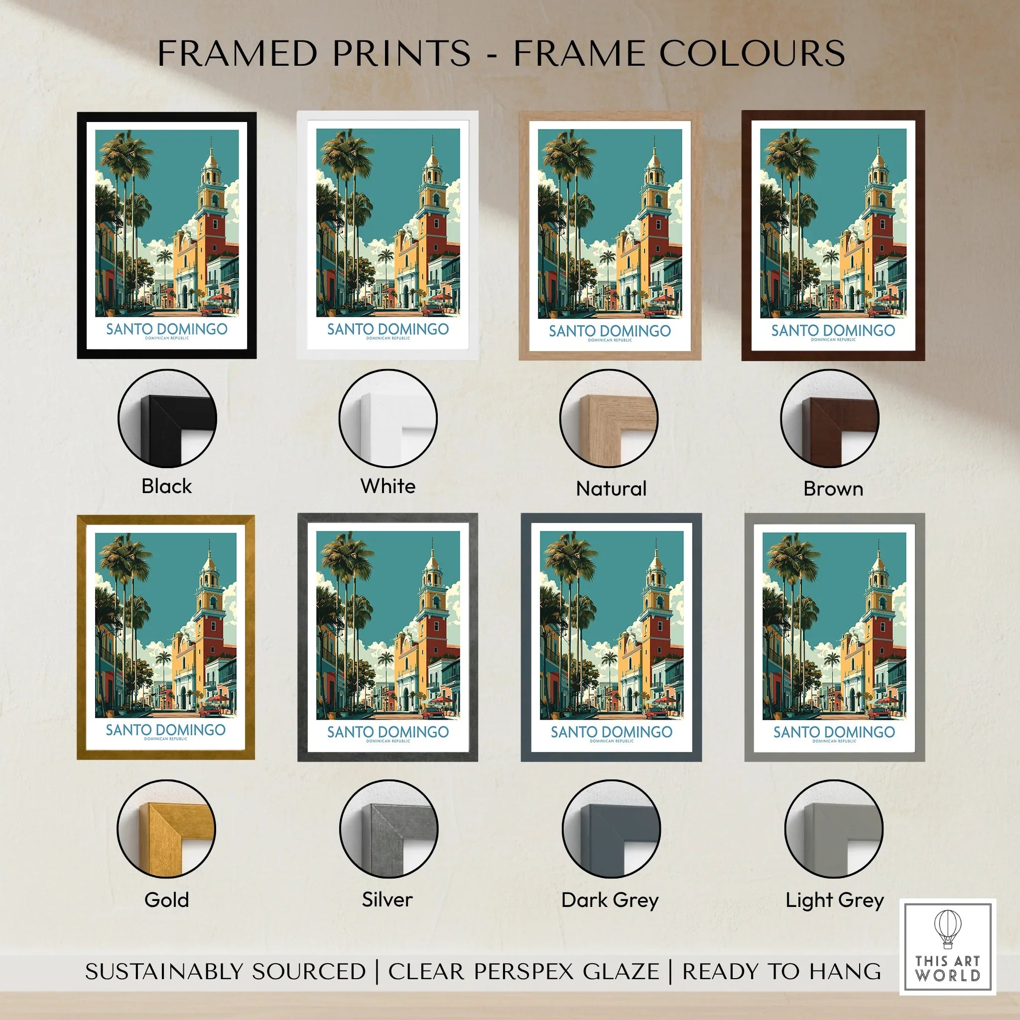 Santo Domingo travel poster in eight frame colors: black, white, natural, brown, gold, silver, dark grey, light grey.