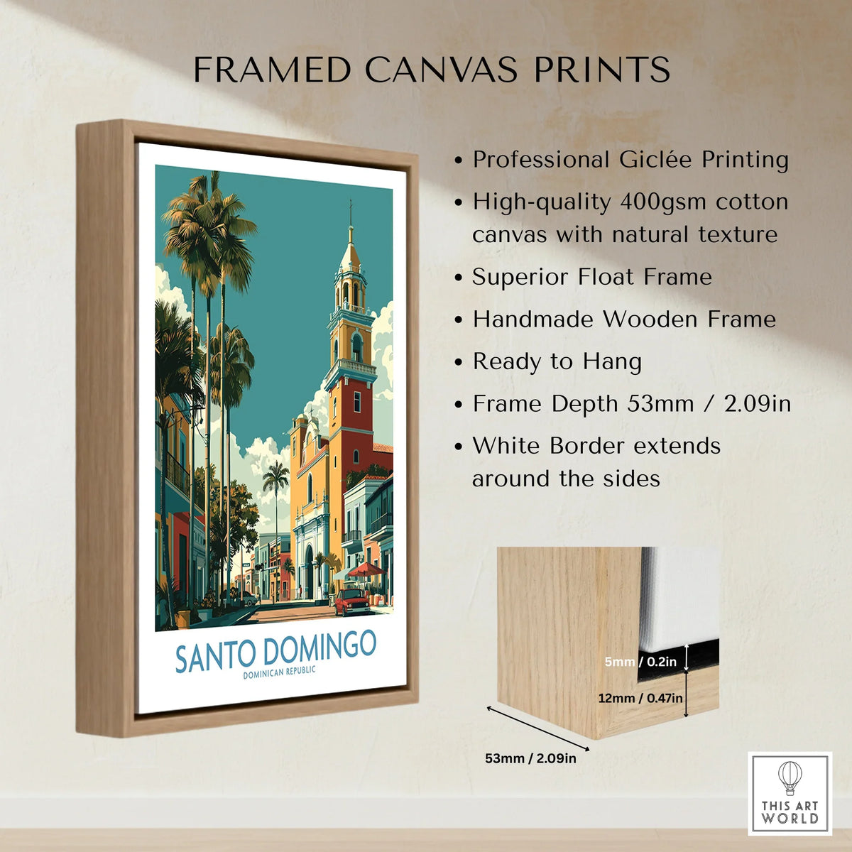 Santo Domingo travel poster print in wooden float frame, vibrant cityscape with palm trees and historic architecture