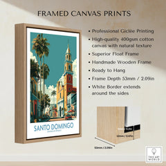 Santo Domingo travel poster print in wooden float frame, vibrant cityscape with palm trees and historic architecture