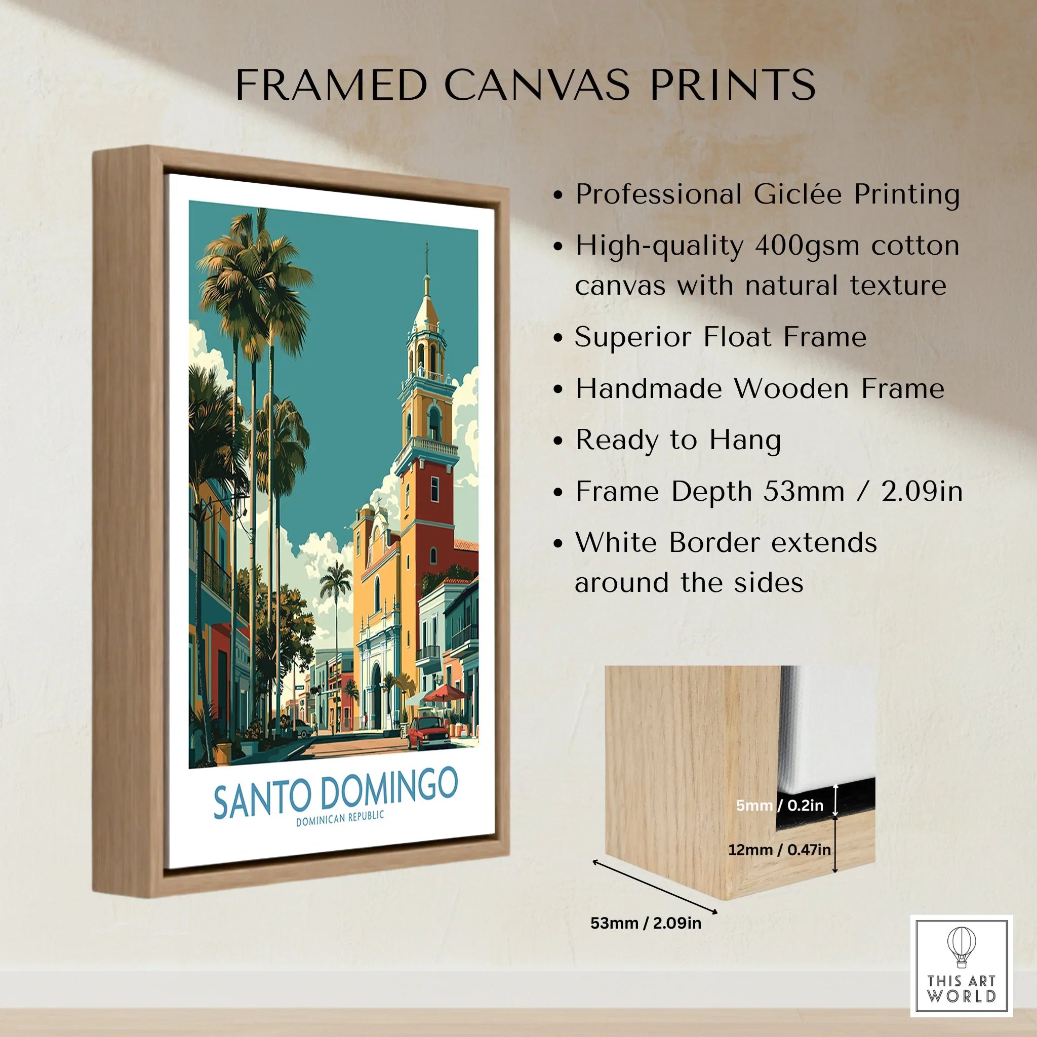 Santo Domingo travel poster print in wooden float frame, vibrant cityscape with palm trees and historic architecture