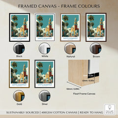 Santo Domingo travel poster in six frame colors: black, white, natural, brown, gold, silver — float frame canvas wall art