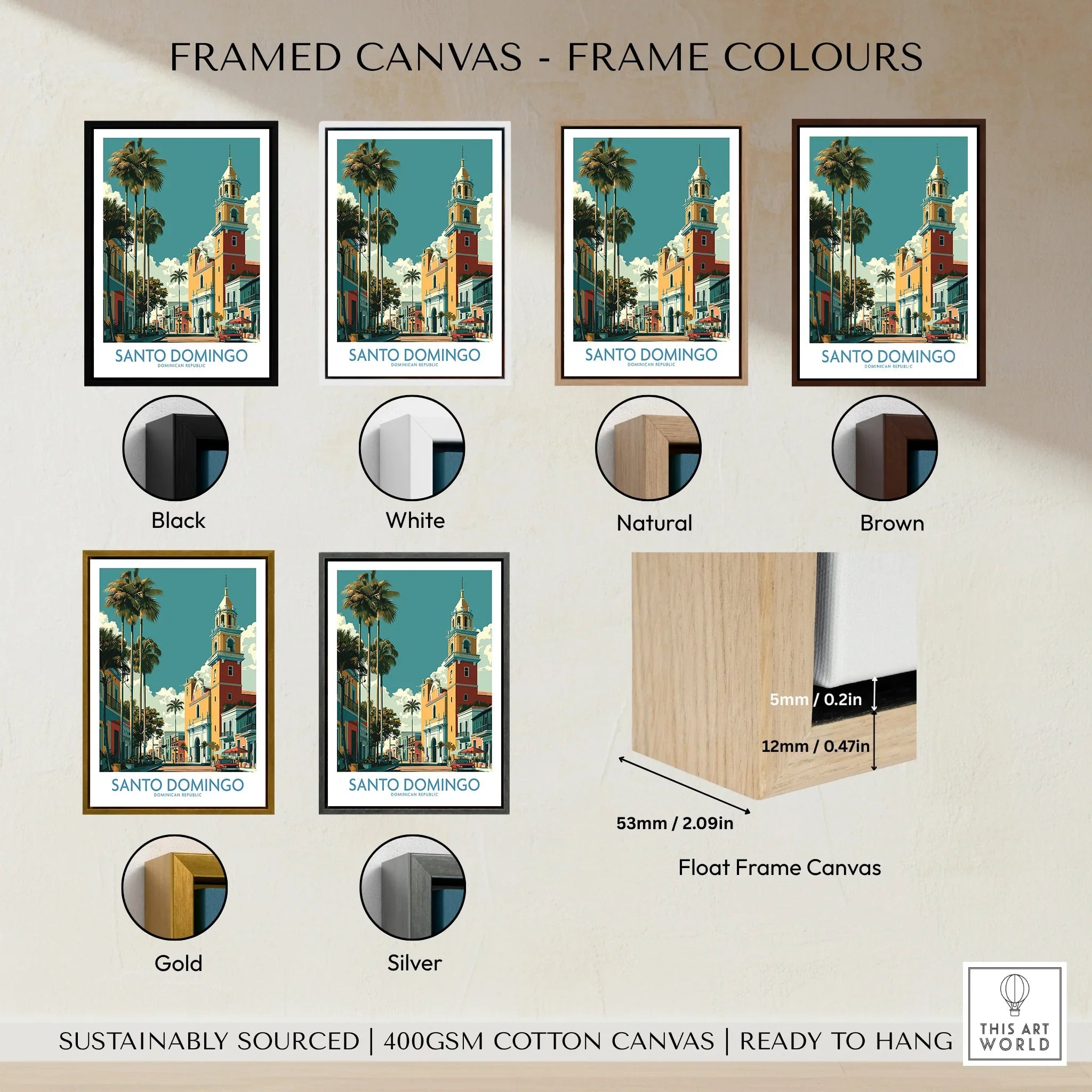 Santo Domingo travel poster in six frame colors: black, white, natural, brown, gold, silver — float frame canvas wall art