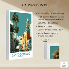 Santo Domingo travel poster canvas print with palm trees and historic architecture, ideal for wall art decor