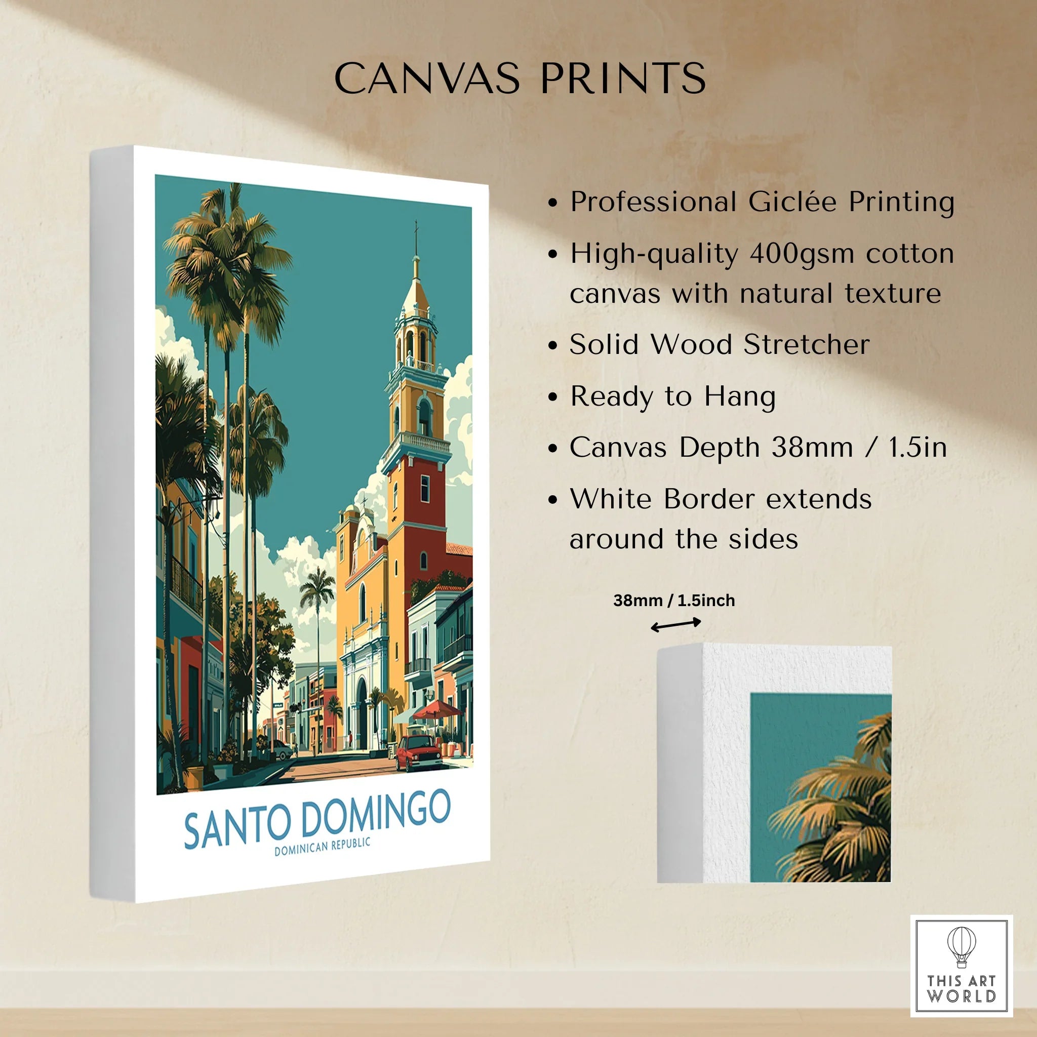 Santo Domingo travel poster canvas print with palm trees and historic architecture, ideal for wall art decor